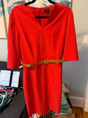Tahari ASL Bright Red Sheath Dress with Tan Belt